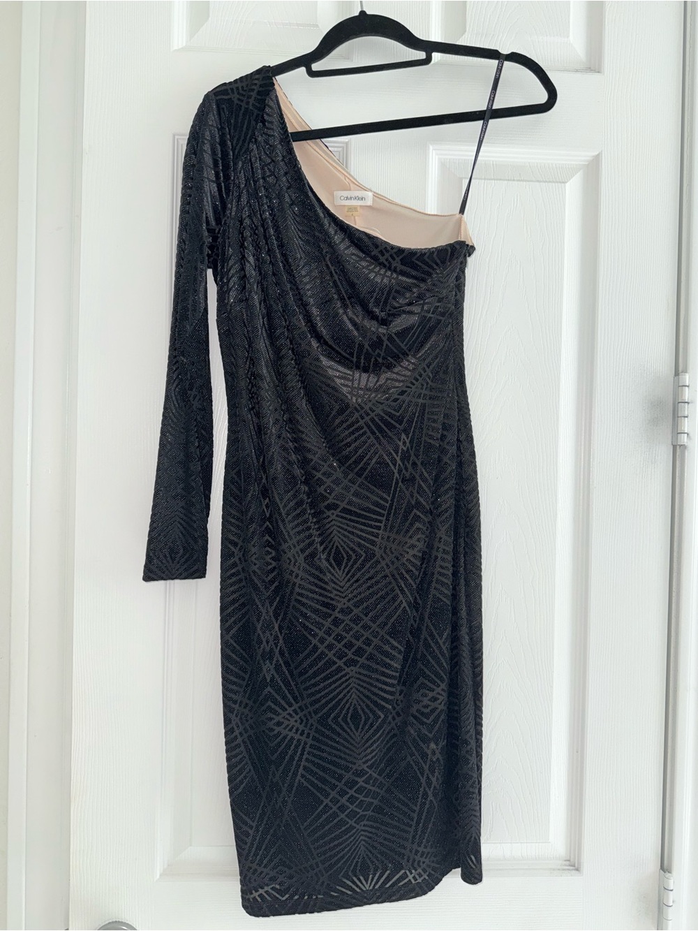 Calvin Klein Black One-Shoulder Draped Cocktail Dress with Nude Lining